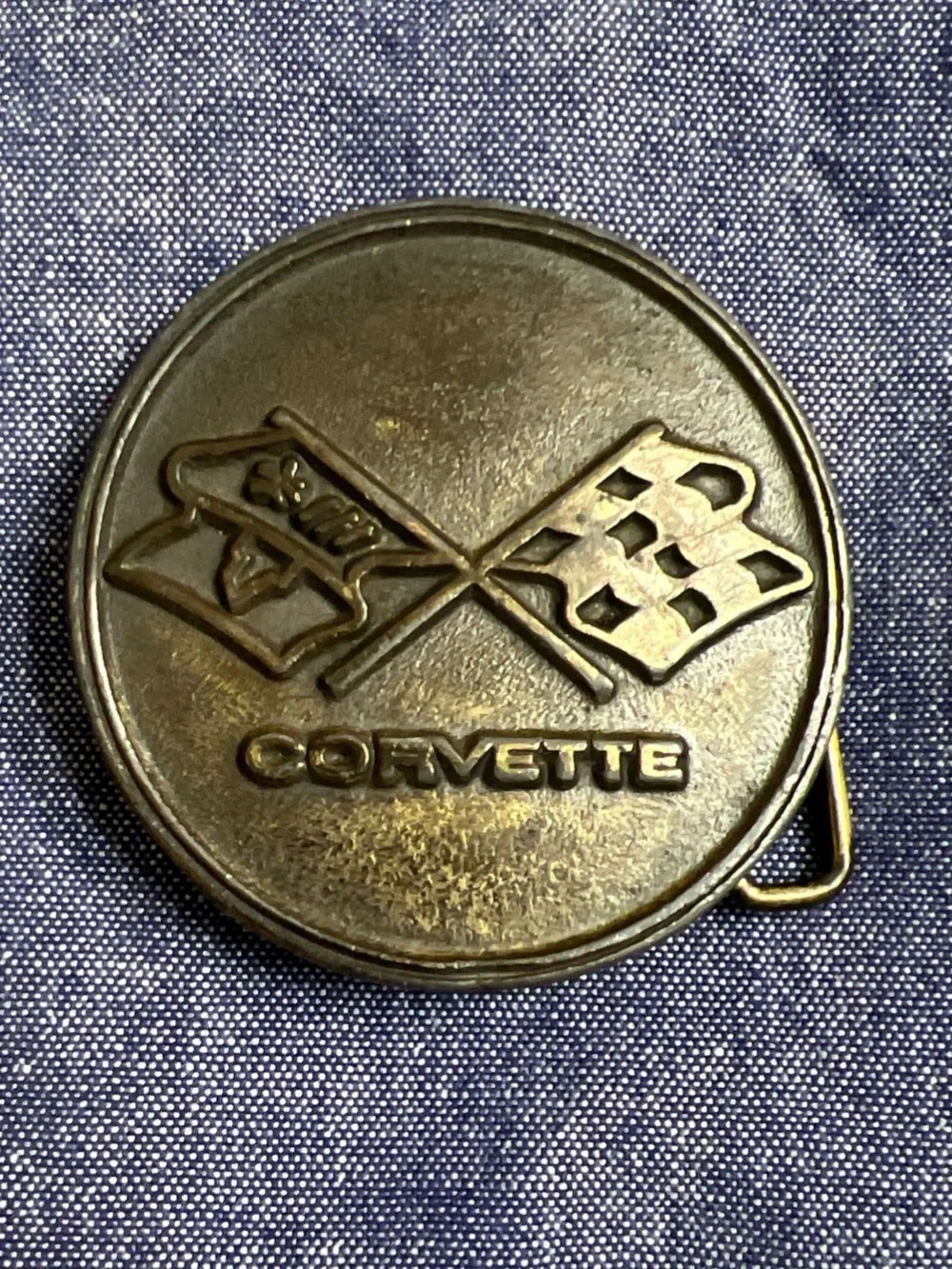 Corvette Belt Buckle Chevrolet Chevy Circle Crossed Flags Vintage 1976 Oden